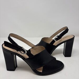 Tahari Black Leather Open Toe Sling Back Heel Sandals Buckle Women’s 7.5